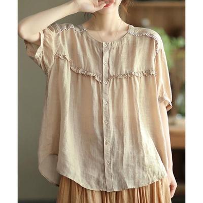 Cotton Linen Ort Sve Irt Women Summer Thin Doll Irt Lace Trim Linen Casual Top Loose Fit Round Ne Polyester Blend