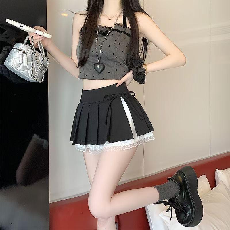 Lace Pleated Skirt Summer New High Waist Bow a Line Skirt Versatile Short Skirt