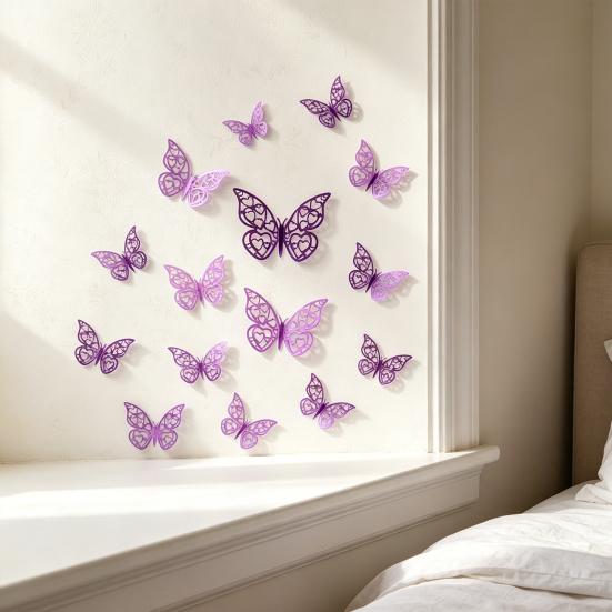 12 Stück 3D-Schmetterlings-Wandaufkleber 3 Größen Schmetterlinge Wandsticker Abnehmbar DIY Hohl Metallisch Schmetterlings-Aufkleber für Kinderzimmer Kinderzimmer Geburtstag