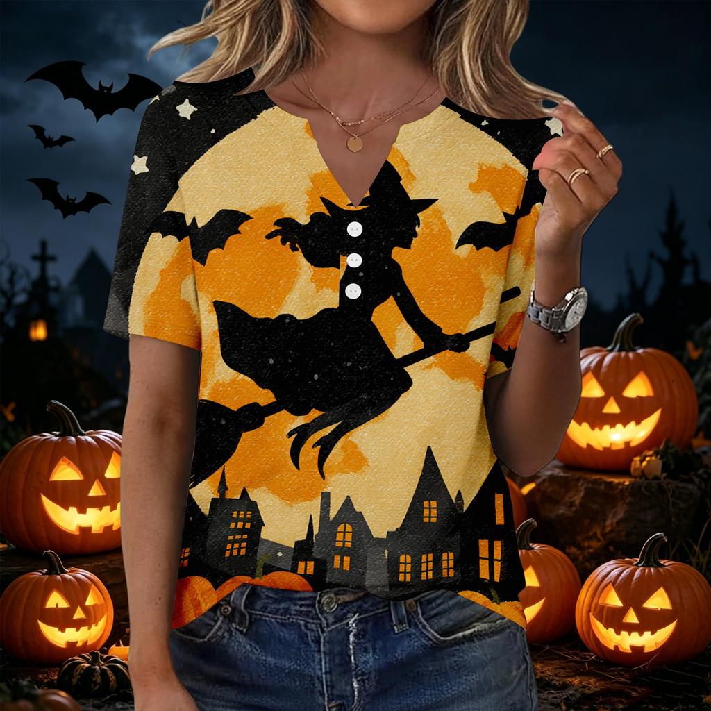 Womens Halloween Print V Neck Short Sleeve Button T Shirt Casual Loose Fit Top with Pumpkin and Bat Design Suitable for Daily Wear