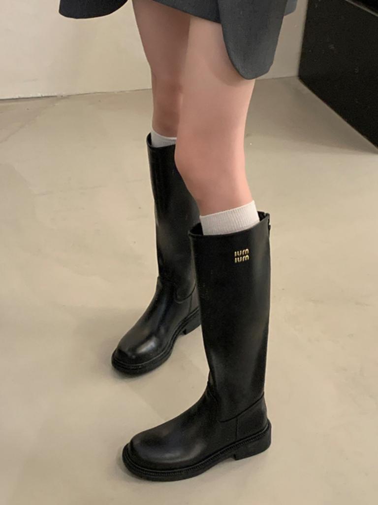 2025 New British Retro Simple Black Zipper Boots Slim Big Tube Circumference High Boots But Knee Knight Boots