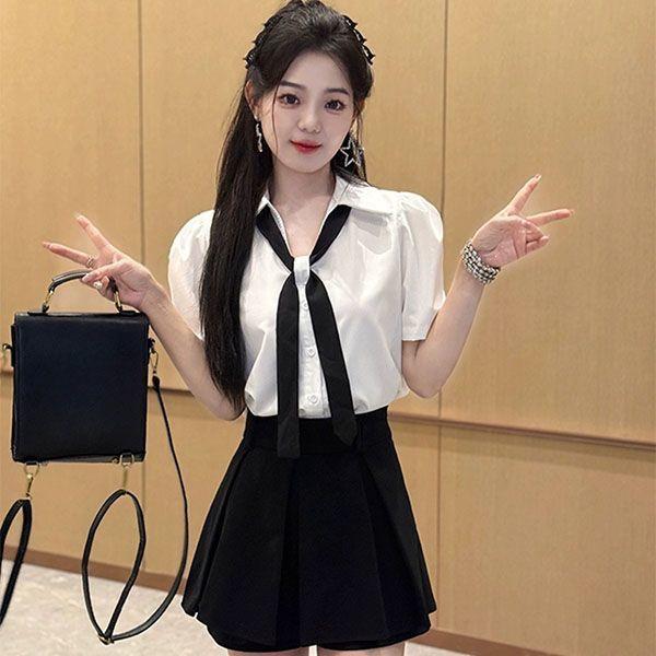 

Casual White Puff Sleeve Tie Crop Top with Short Sleeves S [80-95 lbs]