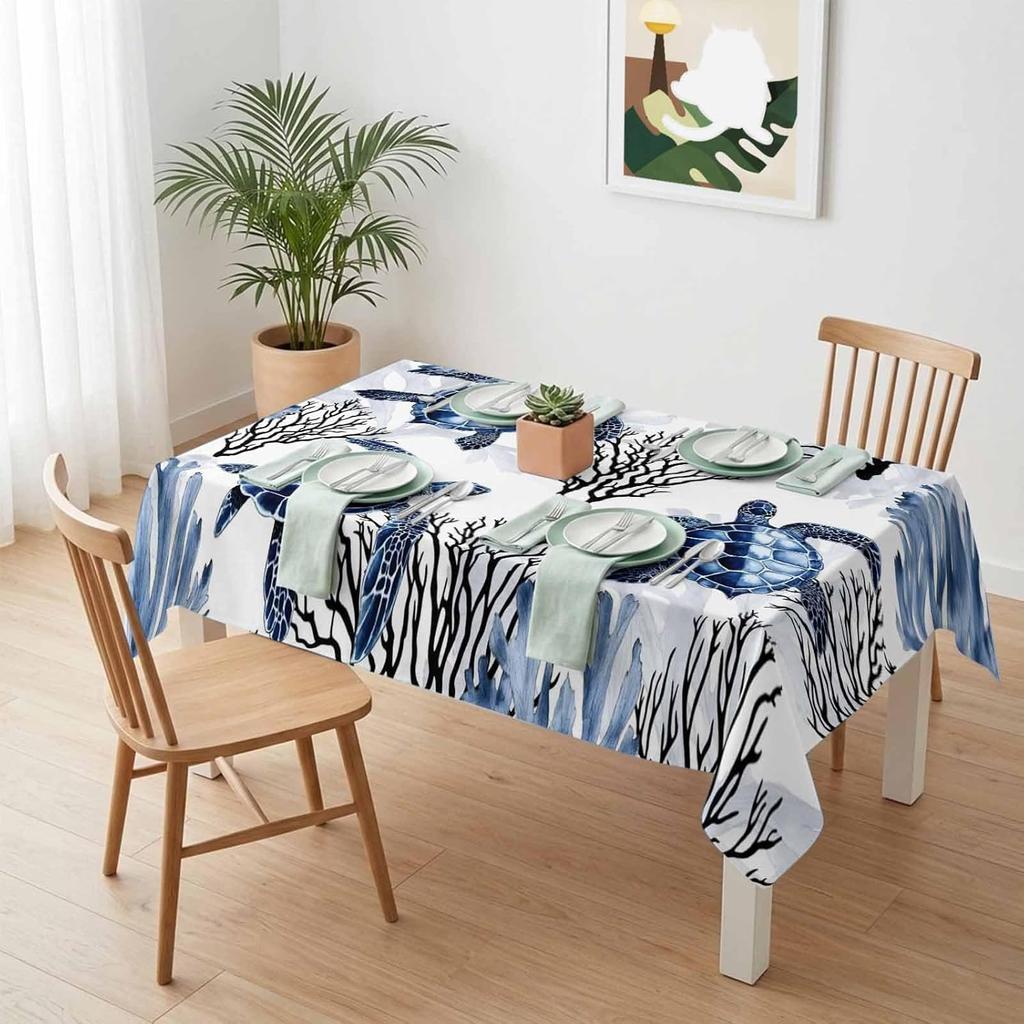Coastal Sea Turtle Rectangle Table Cloth for Table Decor Waterproof Machine Washable Reusable Tablecloth for Table Dining Room