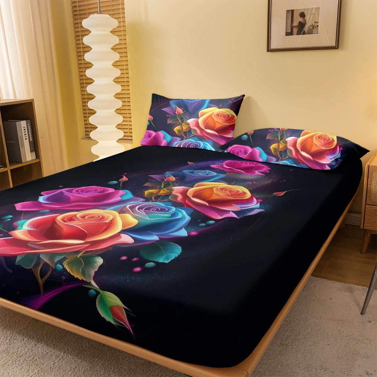 

1 Simple modern Plant Flower Colorful Rose digital printed frosted Fitted Sheet,bedroom printed bed cover,bedding(No pillowcase) 100x200x25cm