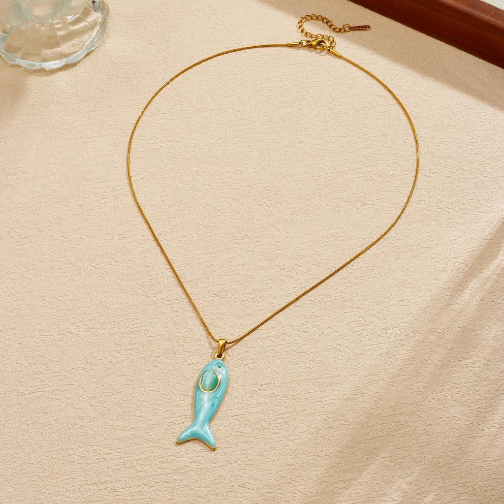 Edelstahl Blau Glasiert Emaille Fisch Anhänger Halskette Für Damen Lady Ozean Strand Mode Neues Schmuck Accessoire Party Geschenk