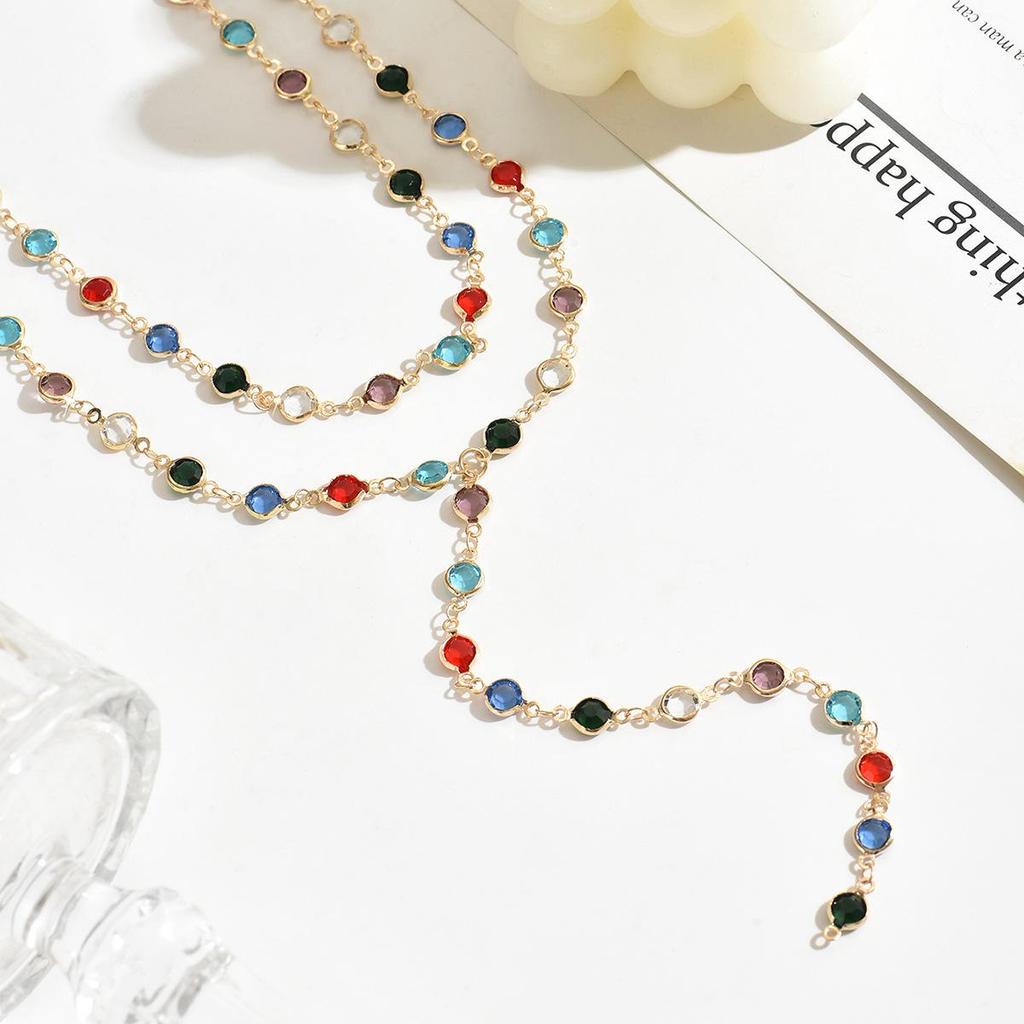 Colorful Crystal Metal Collarbone Necklace - Long Gold-Plated Necklace for Women