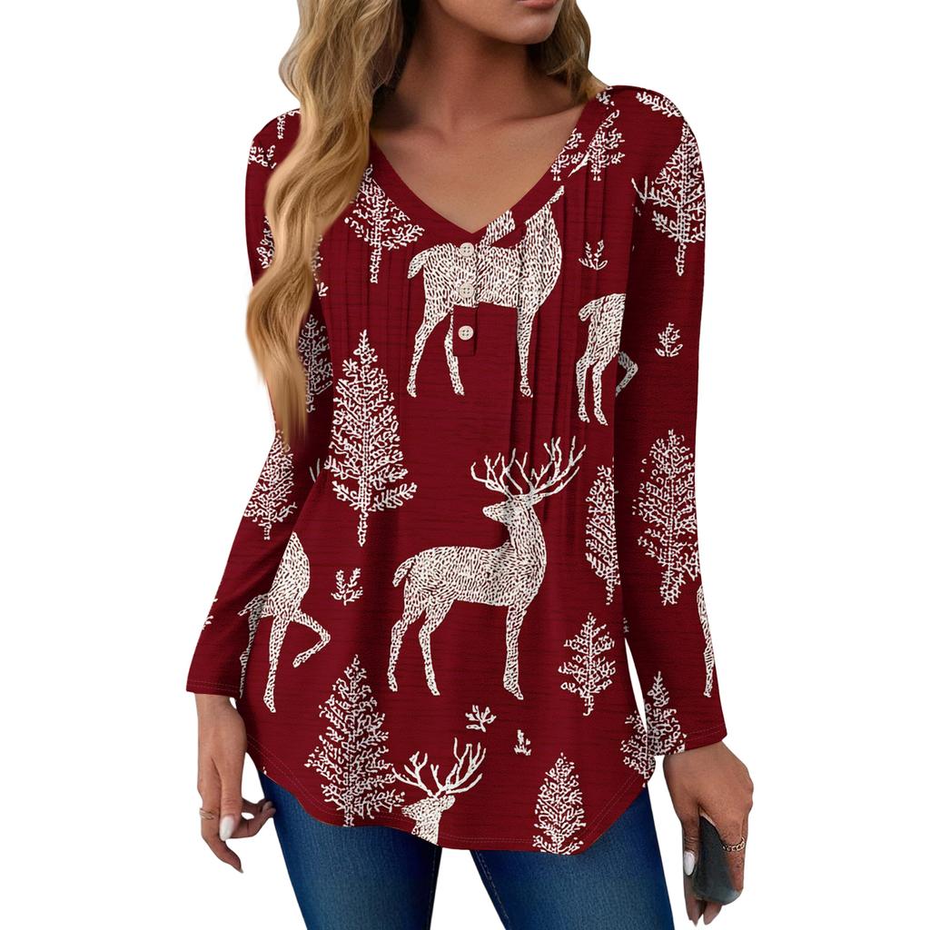Women's Fashion Casual Christmas Tree Print V-Neck Decorative Button Long Sleeve T-Shirt Top