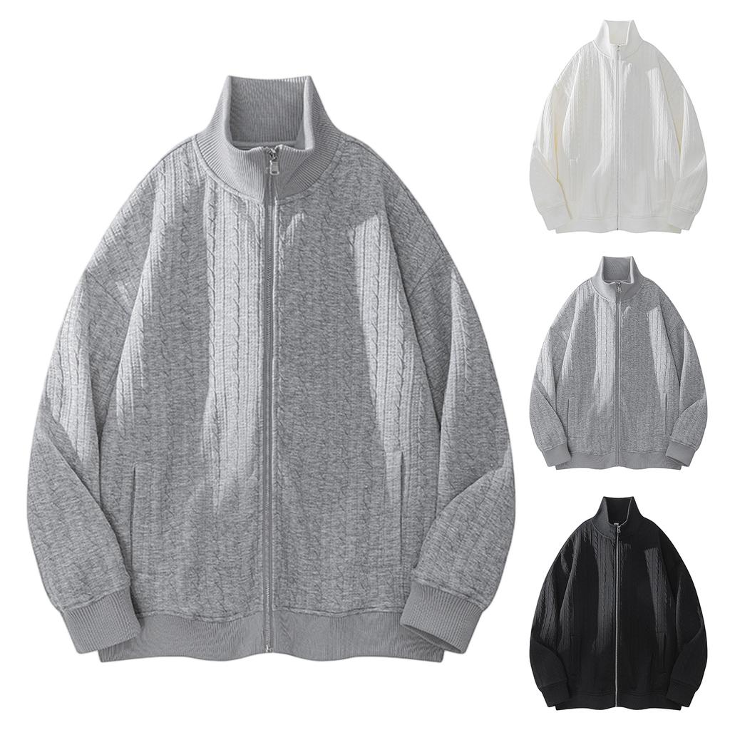 New Men's Hoodie With A Textured Stand-up Collar, Zipper Jacket, Knitted Double-layer Twisted Cardigan