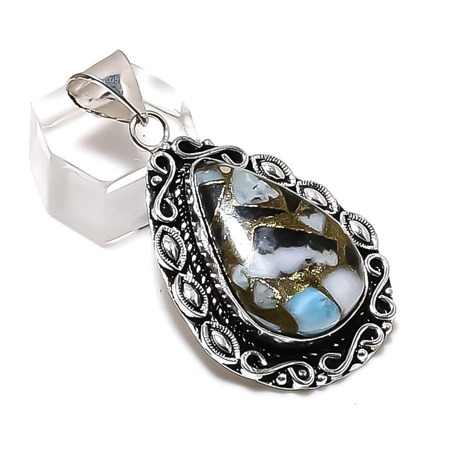 Natural Copper Larimar Gemstone 925 Sterling Silver Jewelry Pendant 2.05 ETC-14292