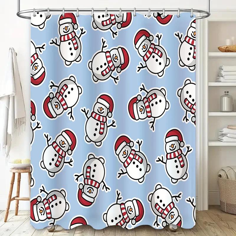 Winter Shower Curtain Christmas Snowman Design for Bathroom Decor Waterproof Fabric with Hooks Set in Multiple Sizes