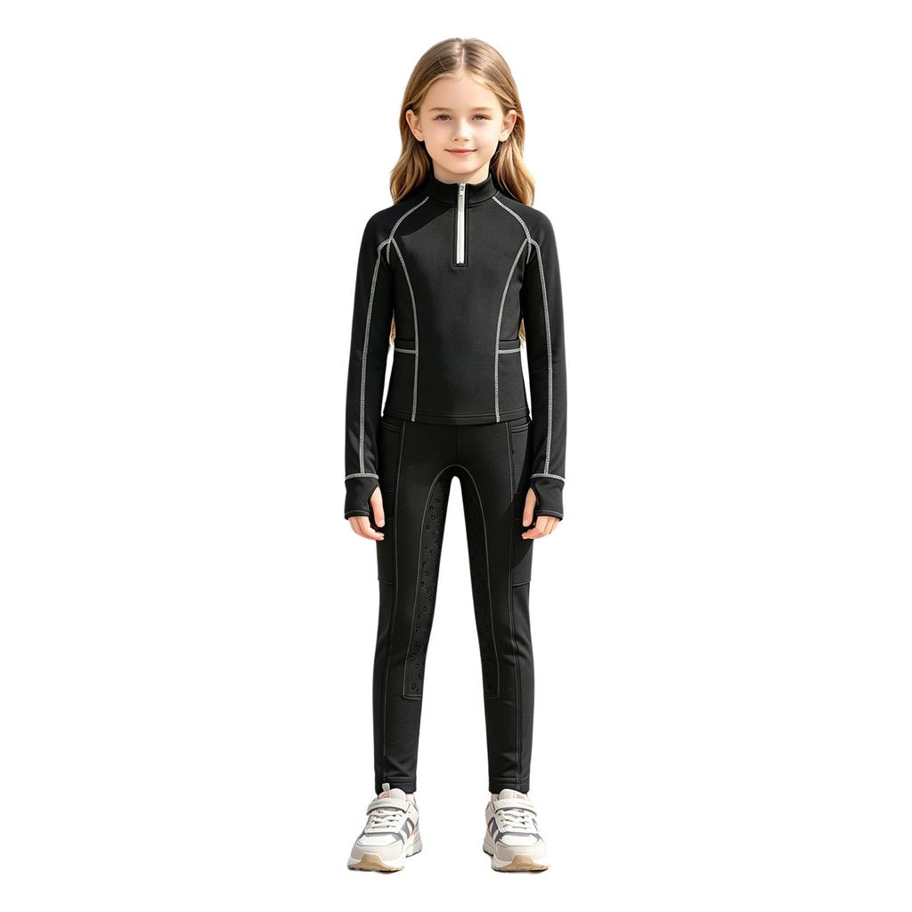 Tenue d'équitation pour filles Ensemble à col montant, manches longues avec trous pour les pouces, pull à fermeture éclair avec pantalon d'équitation à grip intégral antidérapant pour l'entraînement