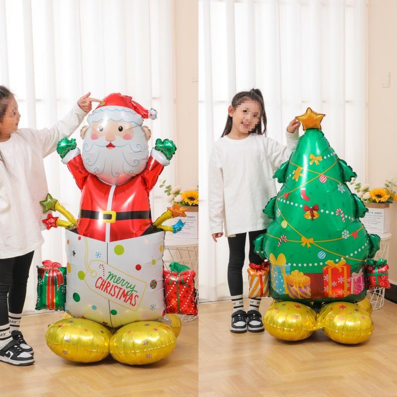 Santa Claus Christmas Decoration Balloons with Sticks and Small Gift Headbands for Kindergarten and Mall Scenes
