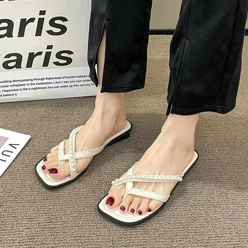 Fashion Pearl Flip Flops for Women Beaded Women Flats Clip Toe Slippers 2024 Summer New Square Toe Slides Cozy Zapatos De Mujer
