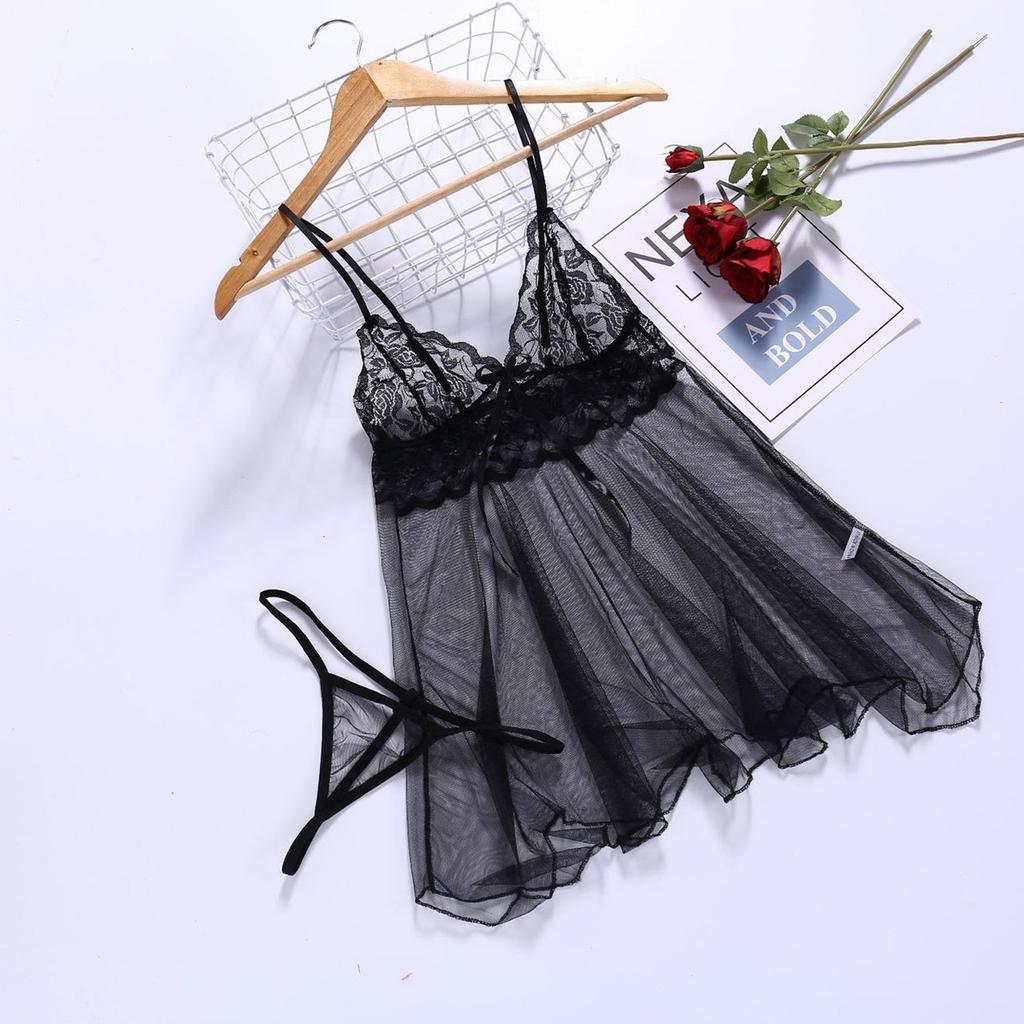 Fun Lingerie Sexy Dessous Schlafkleid mit Schlitz vorne, Sexy Babydoll Damen Dessous Sexy Spitzen-String Unterwäsche Nachtwäsche