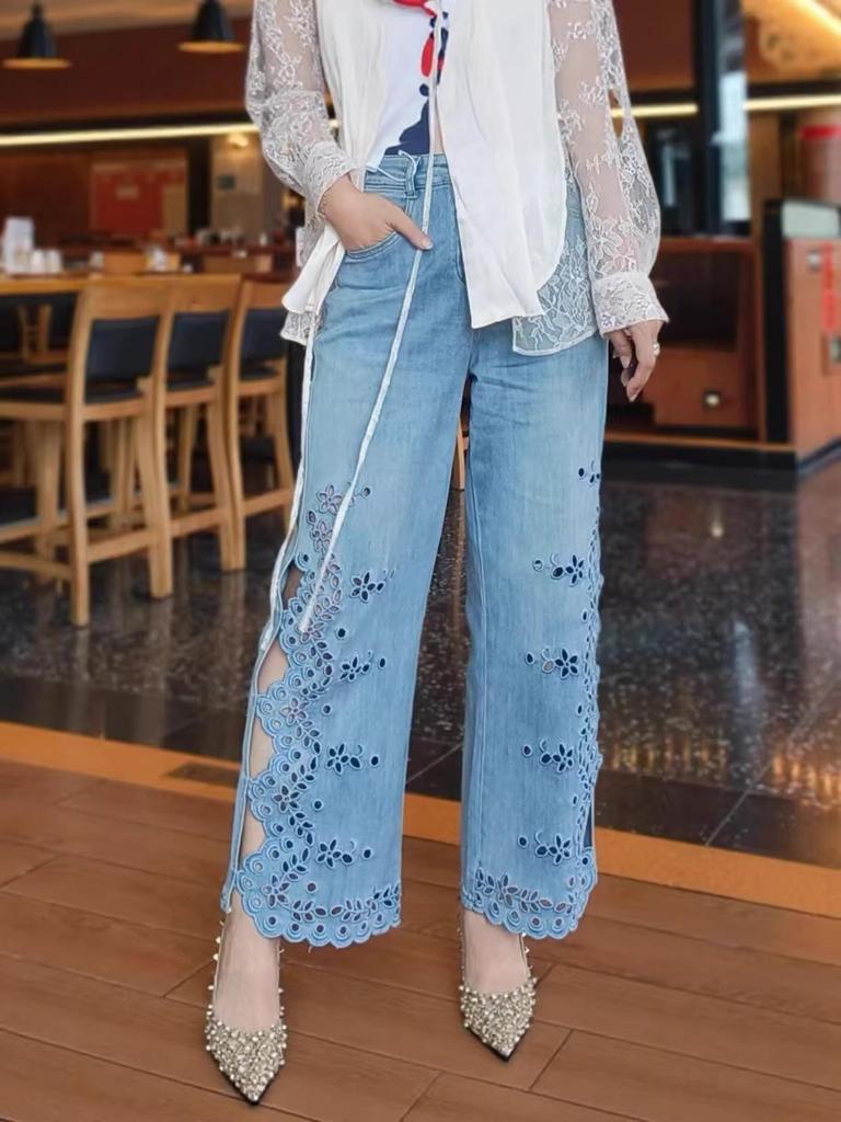 High-Waisted Embroidered Cropped Jeans - Spring 2026, Petite, Loose Straight-Leg