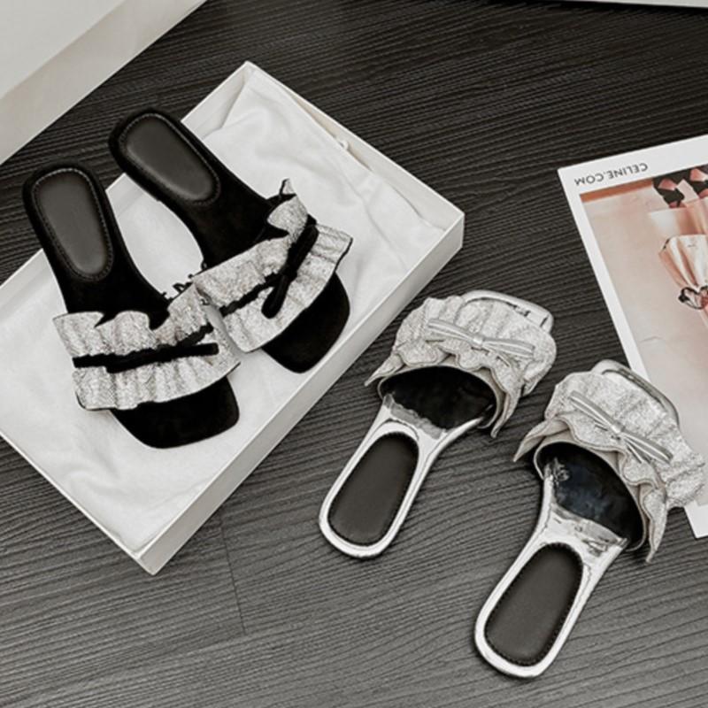 Fashion 2025 Summer New Square Toe Solid Color Plus Size One Strap Bowknot Flat High-End Sandals for Women Anti-Slip Outdoor Slides