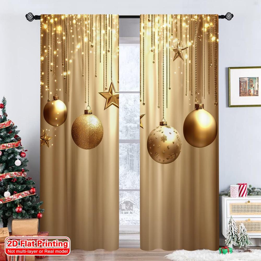 Flat Printing Christmas Window Curtains Ball Stars Pattern Design Bedroom Living Room Office Decor Curtain Set Of 2 Made Polyester With Rod Pocket