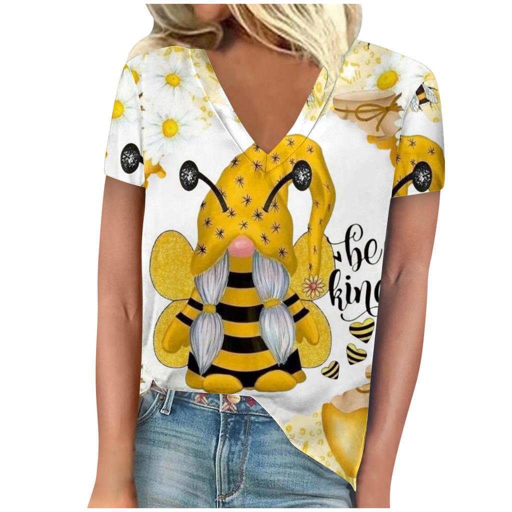 vintage women bee print t shirt short sleeve v neck tops comfortable t-shirts