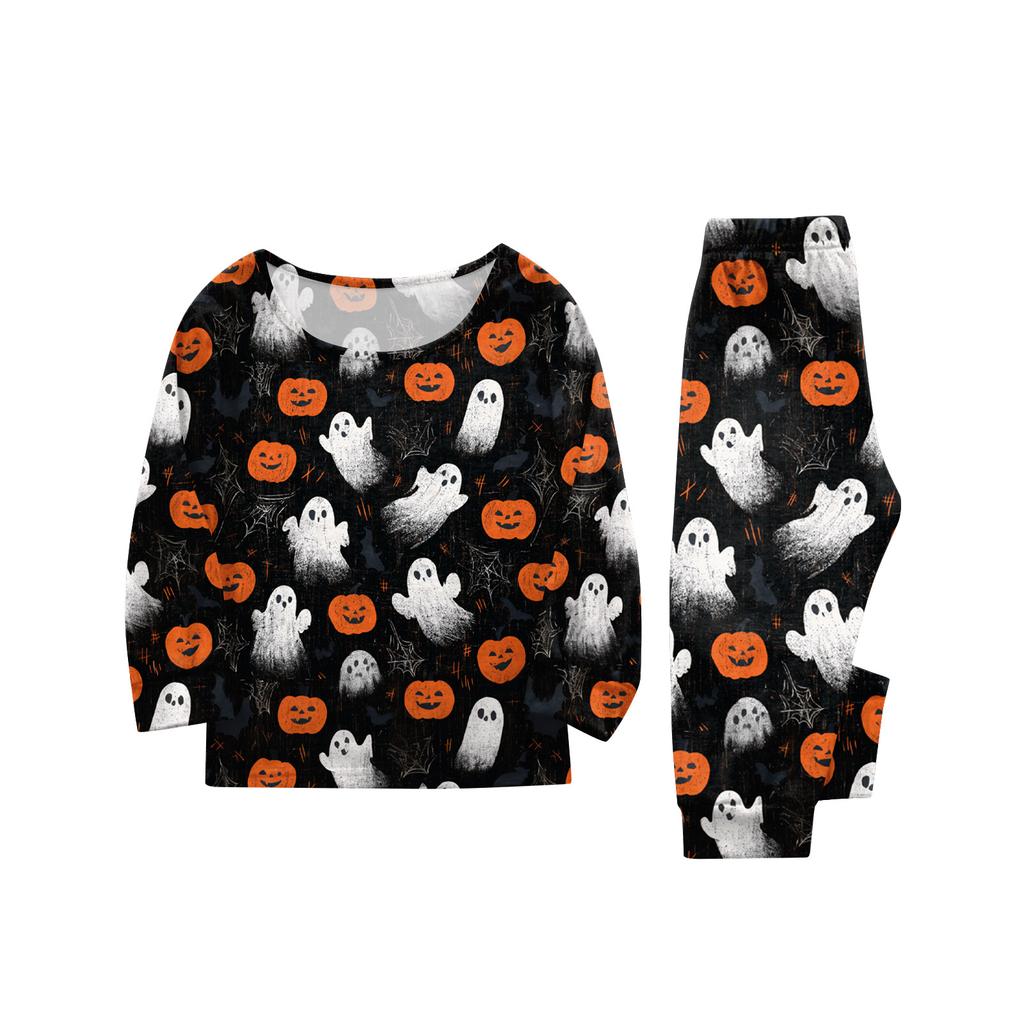 Family Matching Pajama Set with Halloween Print Button Collar for Parents and Kids