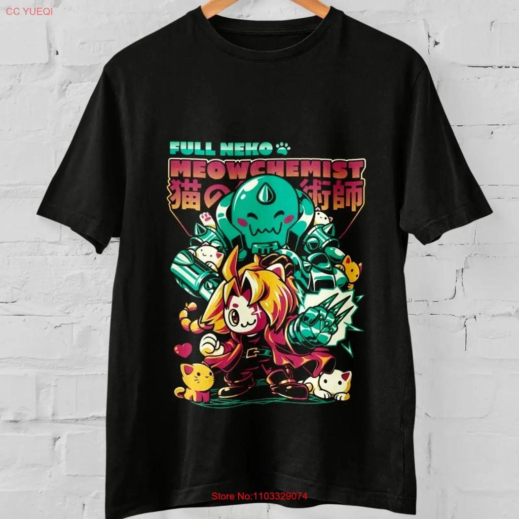 Fullmetal Meowchemist Anime Parody T Shirt Cute Cat Alchemist Style Vintage Washed Top For Everyday Wear Streetwear Versatile