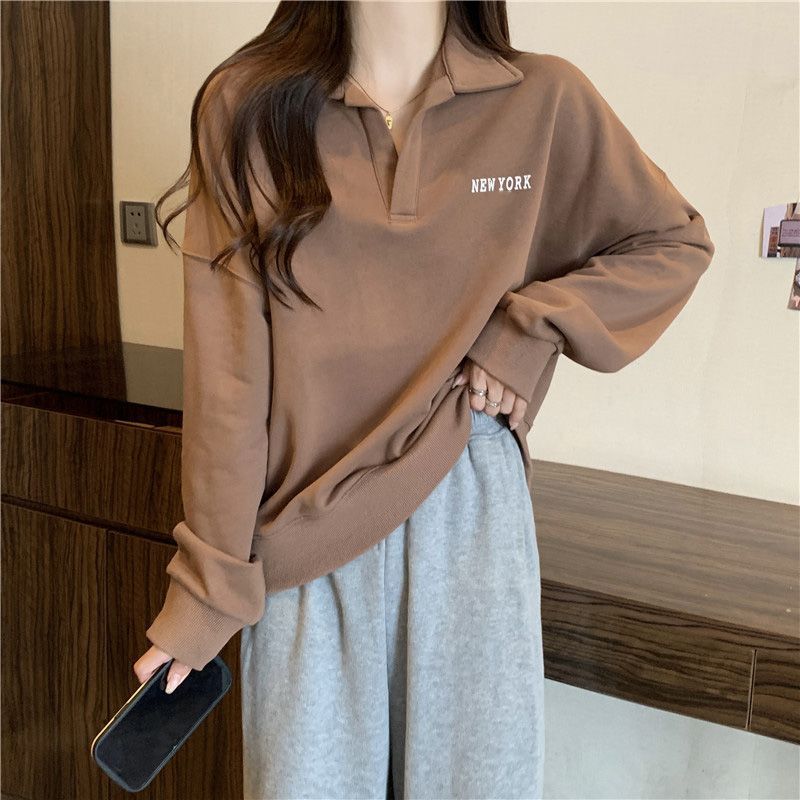 Autumn and Winter Thin Section of Long-sleeved T-shirt Female Polo Shirt Thin Age Reduction Letter Print Loose Hundred Lapel Sweater