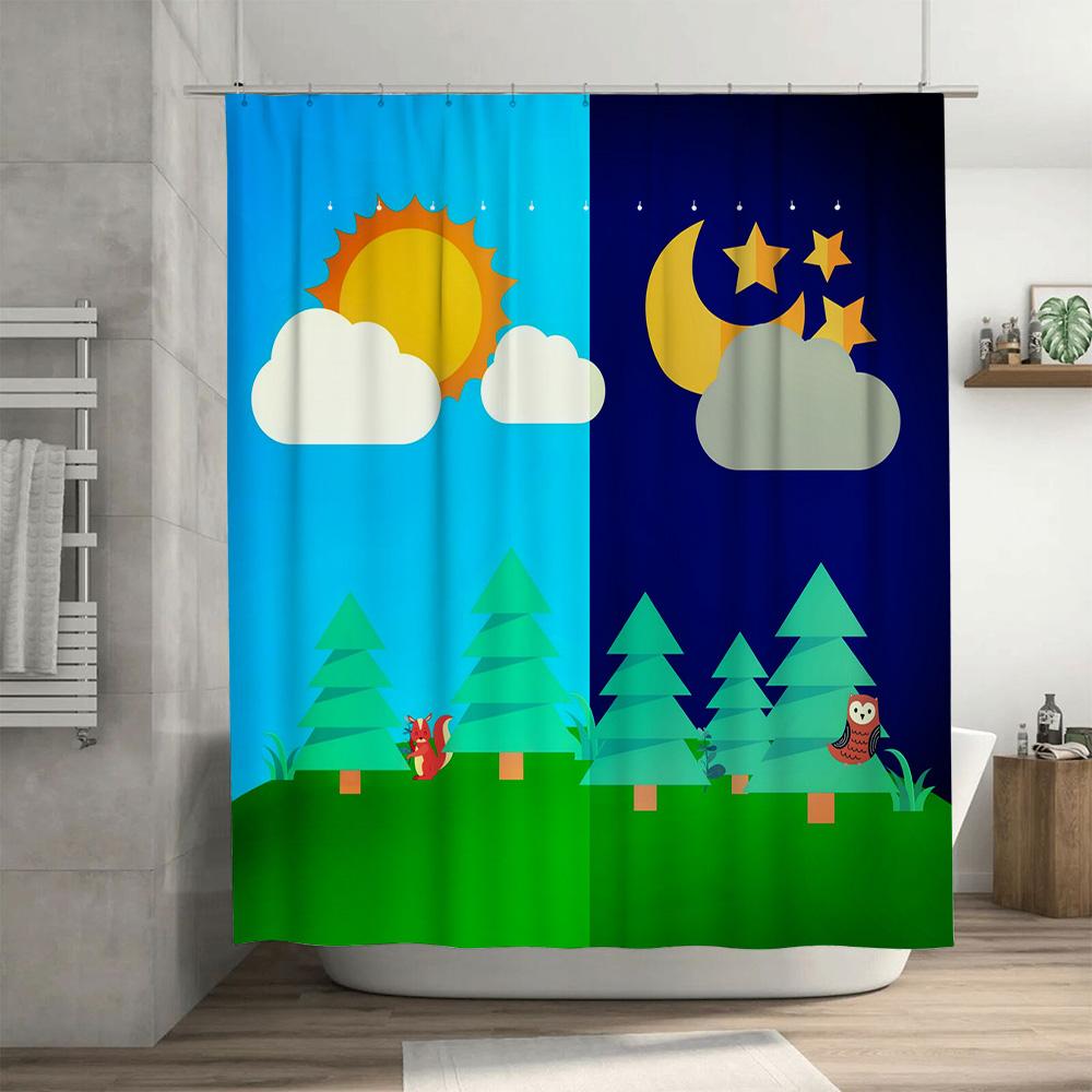 Modern Style Sun Moon Shower Curtain Print Bathroom Decor Waterproof Fabric for Children's Bathrooms Blue Color with Tree Forest