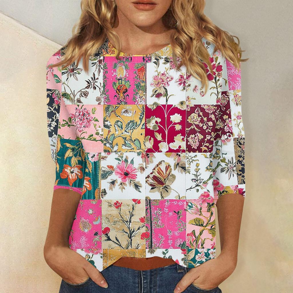 Women's Fashion Casual Three-quarter Sleeve Vintage Floral Print Round Neck Top
