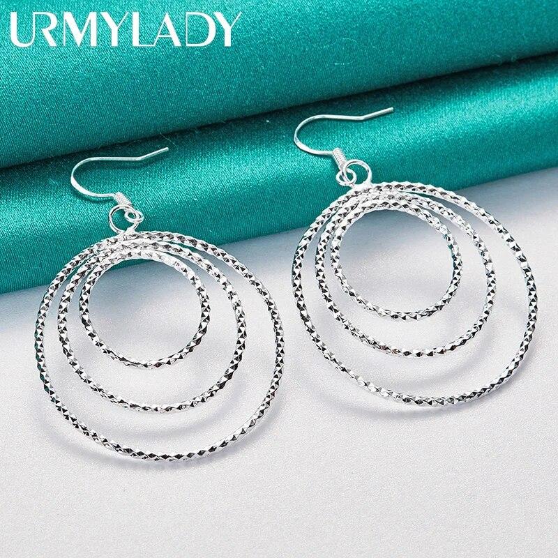 URMYLADY 925 Sterling Silver Three Ring Earrings For Women Charm Wedding Party Fashion Jewelry