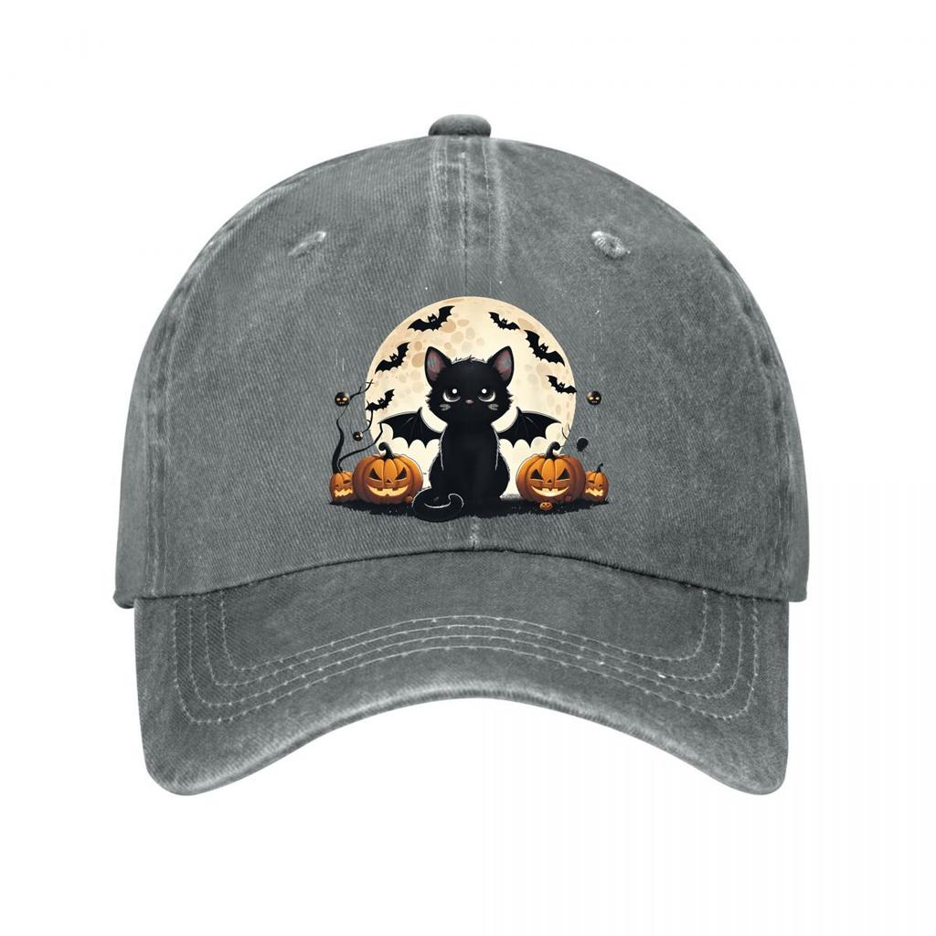 Halloween Black Cat Bat Wings Jackolanterns Decor Washed Baseball Cap Outdoor For Womens Unisex FeUnisex