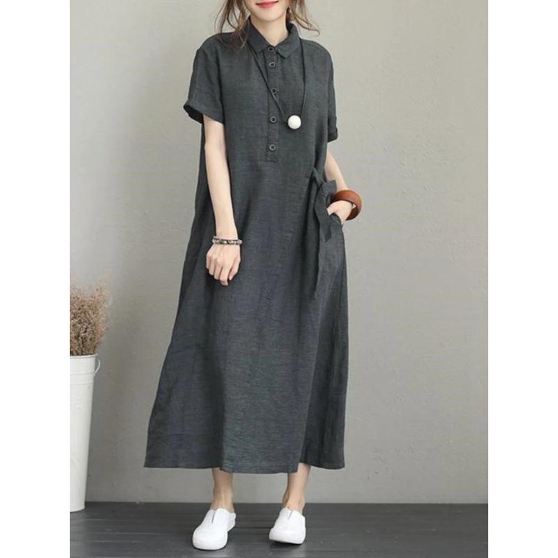 POLO Collar Cotton Linen Short Sleeved Loose Pocket Temperament Women's Casual Dress Black Summer Dress Women White Dress