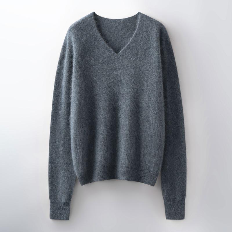 V-Neck Wool Cashmere Loose Brushed Sweater - Solid Color, Versatile, and Skin-Friendly Knitwear