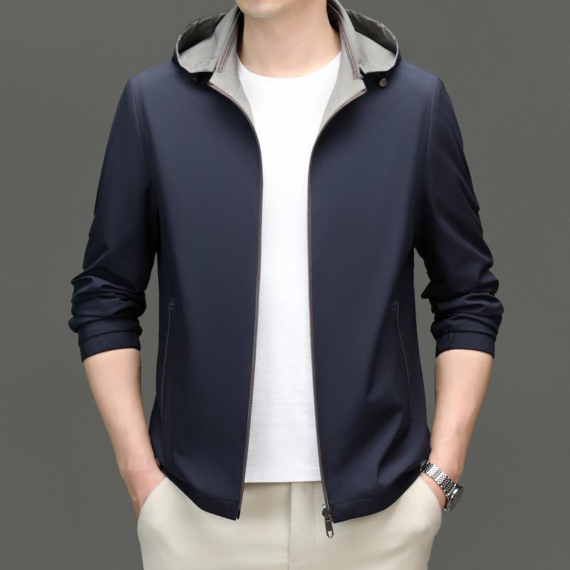 Men's Double-Sided Mulberry Silk Jacket - Hooded, Loose Fit, Business Casual, Spring/Autumn Outerwear