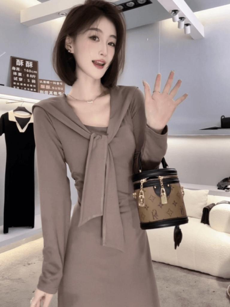 Pure Desire Gentle Temperament Splicing Lace-up Long-sleeved Knitted Dress Women's Early Autumn New Waist and Thin Long Dress Women's Clothing
