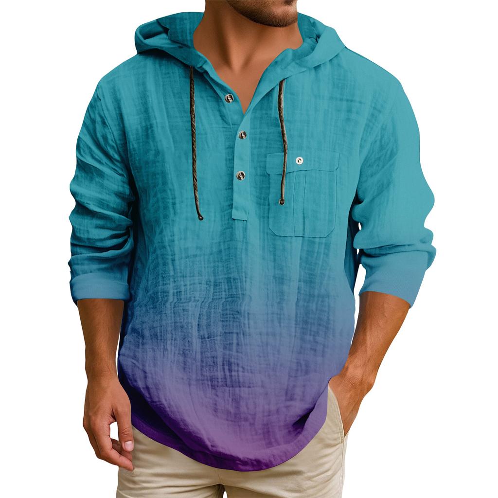 Men's Hooded T-shirt Gradient Color Cotton And Linen Men's Casual Long-sleeved Top