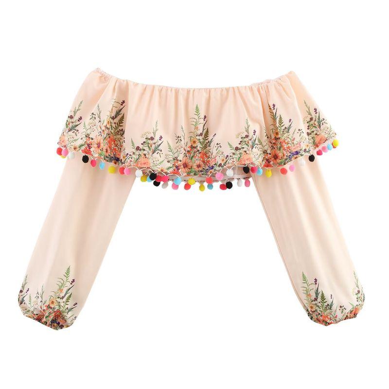 

Zbzr Spring New Women clothes Western Style French style Fashion Design Hairy Ball Decorative off-Shoulder Print Top Apricot L