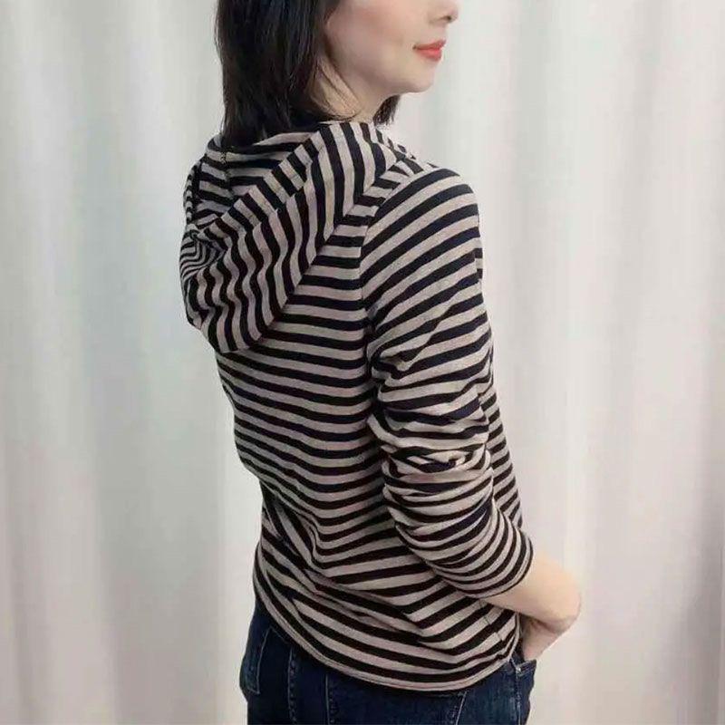 Women's Striped Hooded Long Sleeve Autumn Top - Casual Slim Fit