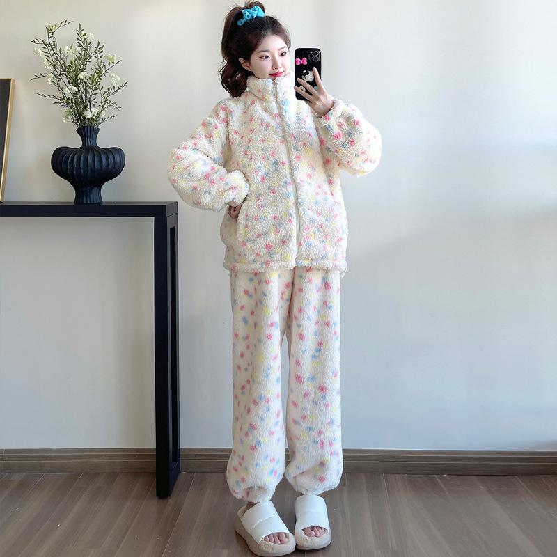 

2025 Korean Style Stand Collar Coral Fleece Long Sleeve Outerwear & Thickened Velvet Home Wear Set for Autumn/Winter M