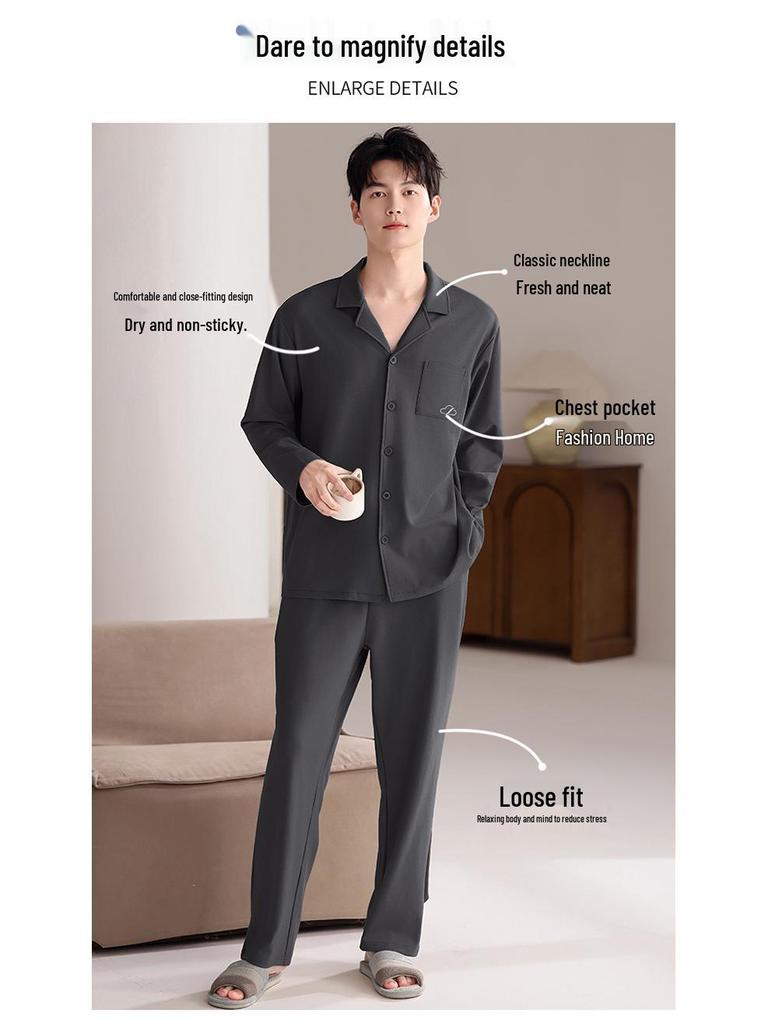 Men's Spring & Autumn Long-Sleeved Cotton Cardigan Pajama Set with Pants
