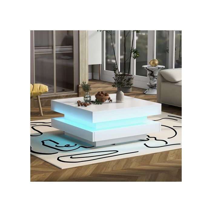 Mesa de centro cuadrada - MUVOE - Blanca - Iluminación LED Bluetooth - 70x70x36 cm - Carga máx. 45kg