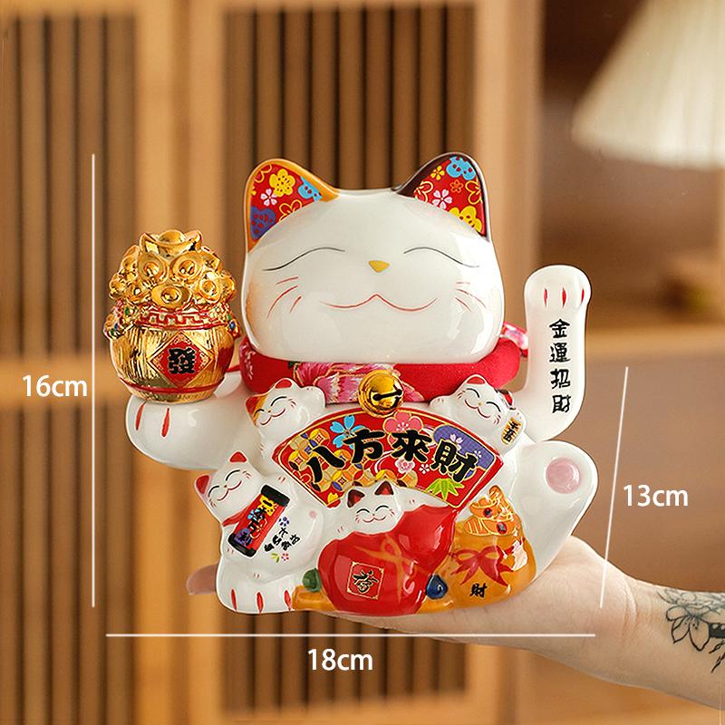 7 Inch Fortune Cat with Waving Arm Ceramic Maneki Neko Feng Shui Ornament Lucky Cat for Shops, Restaurant, Home Table Decoration