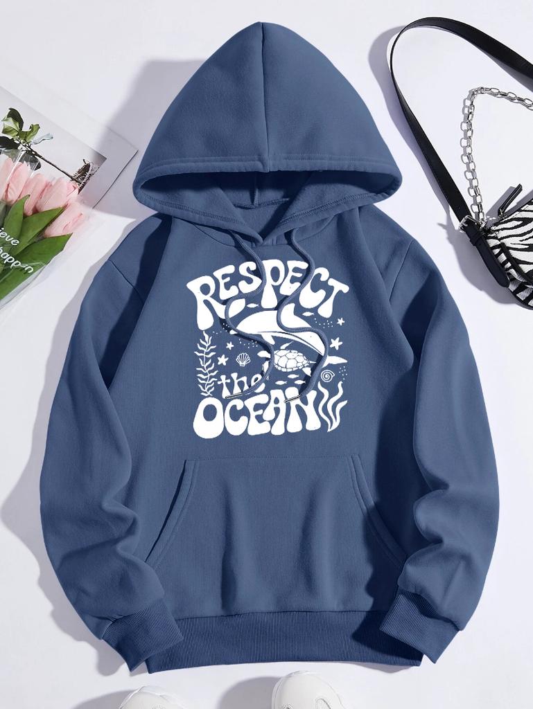 Respect The Ocean Shark Turtle Print Women Hoodie Pocket Hip Hop Hoody Multicolor Casual Pullovers Autumn Fleece Streetwear
