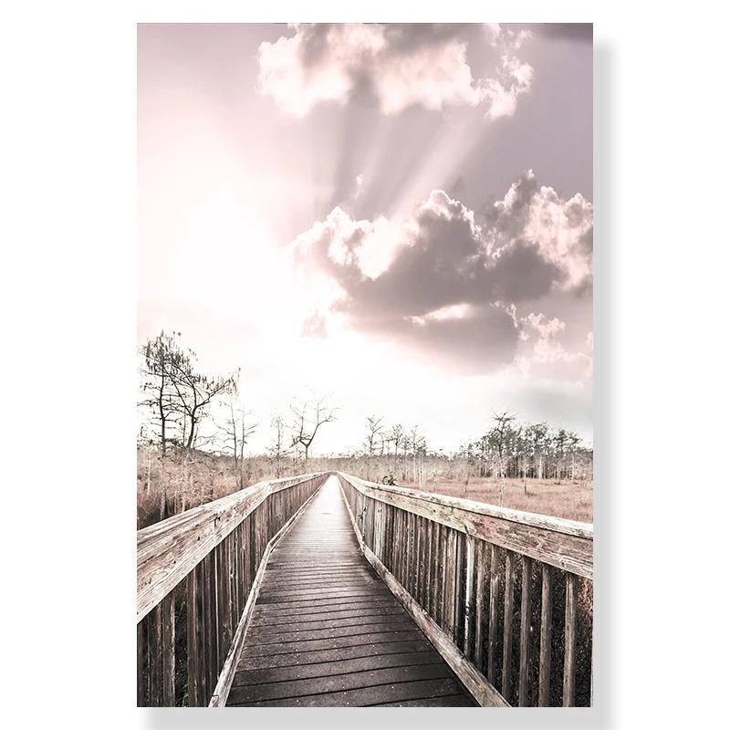 Sea Landscape Canvas Print Beach Poster Wooden Bridge Hay Flower  Wall Art Painting Nordic Wall Pictures For Living Room Decor