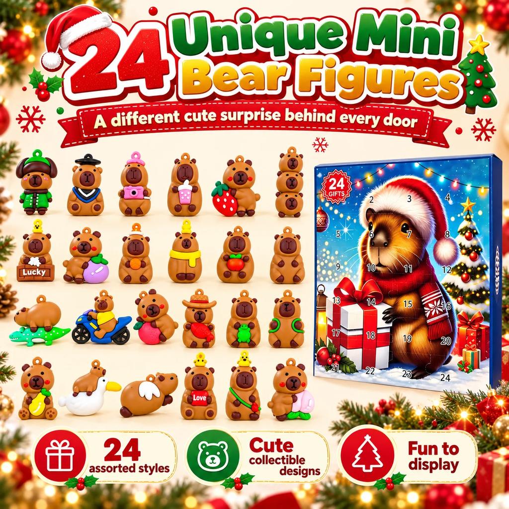 Capybara Christmas Countdown Calendar 24PCS 3D Mini Figurines Xmas Tree Hanging Pendants Advent Surprise Holiday Gift Box