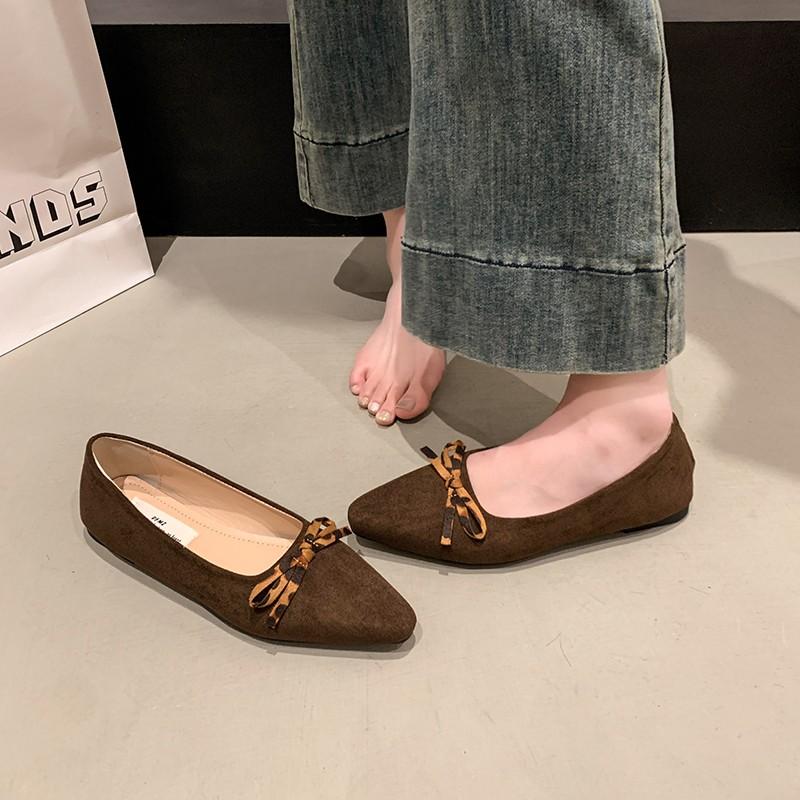 Fashion Women Flat Shoes 2025 Spring New Leopard Pointed Toe Shallow Mouth Suede Butterfly Knot Soft Sole Anti-slip Wear-resistant
