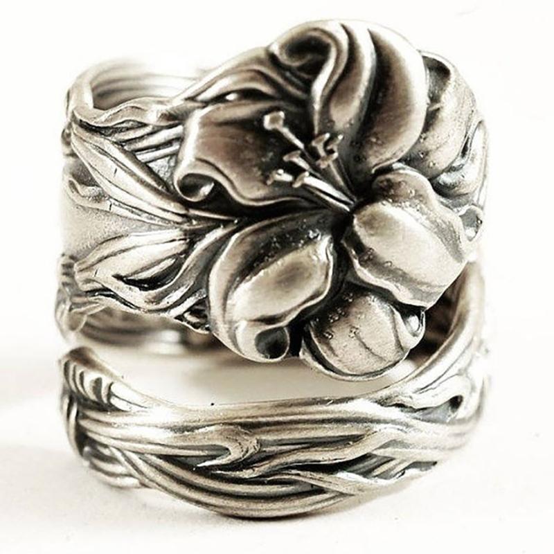 Retro Lotus Flower Ring For Men Women Silver Color Punk Gothic Adjustable Ring Vintage Handmade Unisex Jewelry Accessories Gift