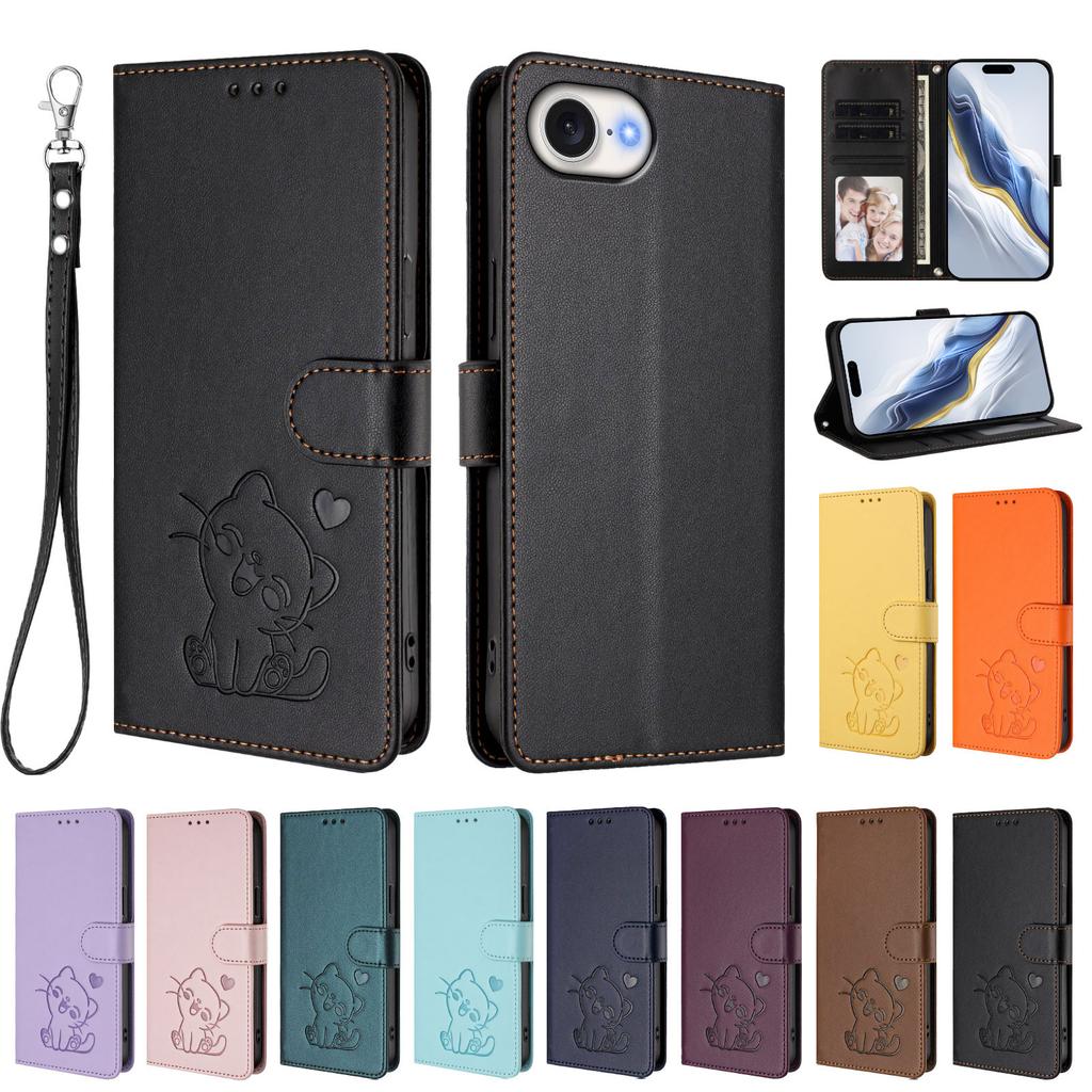 Für iPhone 16e Brieftaschenhülle mit Handschlaufe Love Cat Muster Prägung Leder Handyhülle