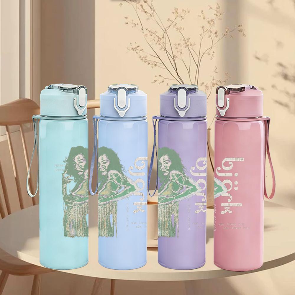 1PC Retro female singer faint silhouette print 750ml colorful plastic sports water bottle leakproof pop up lid with straw for outdoor work home use