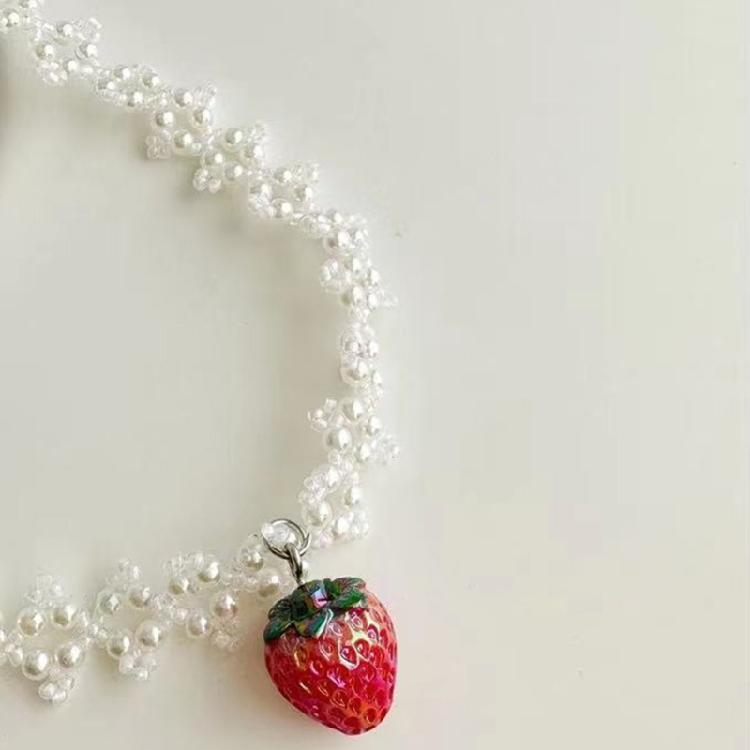Double Layer Pearl Choker Strawberry Pendant Necklace Collar Necklace
