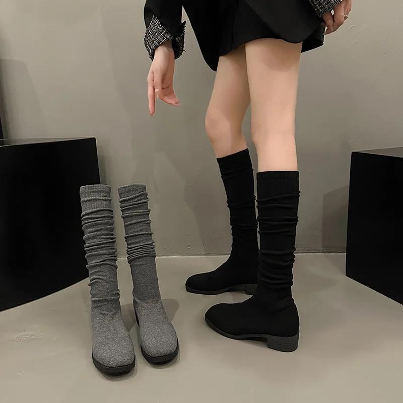 Fashion Knit Thick Heel Square Head Slim Boot Autumn New Style Over Knee Casual Versatile Elastic Socks Boot Women's Boots
