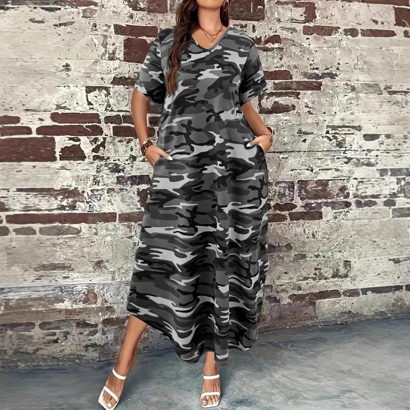 Women's Camouflage Print Dress Spring/summer Round Neck Short-sleeved Comfortable Casual Dress